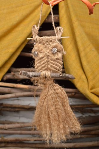 Interior pendant made using macrame technique in shape of owl Eagle owl in woods - MADEheart.com