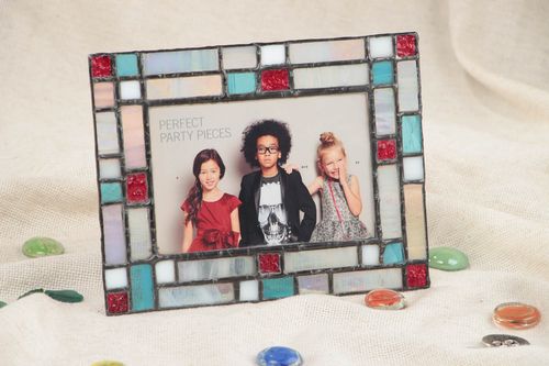 Handmade decorative stained glass photo frame in blue and red color palette - MADEheart.com