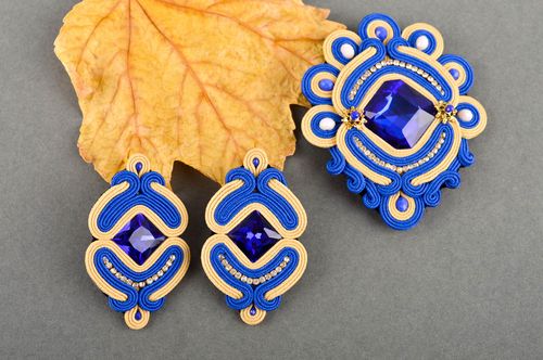 Set of soutache jewelry handmade brooch with crystal designer earrings - MADEheart.com