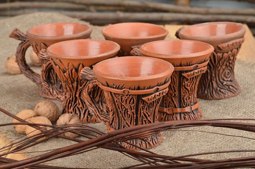 Set of 6 (six) clay Japanese cups 3,3 oz each cup with handle 4,1 lb - MADEheart.com