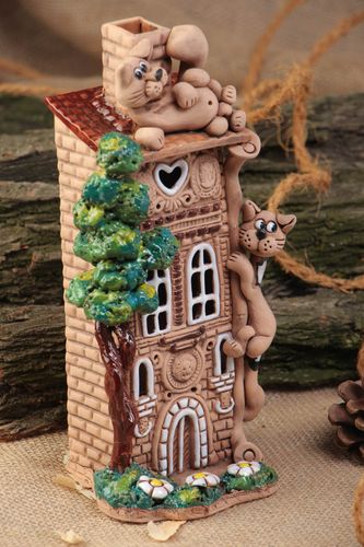 Handmade decorative ceramic candle holder painted with acrylics Cats House - MADEheart.com