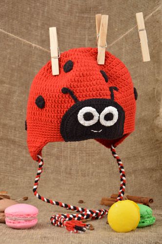Handmade accessory crocheted hat ladybug cap red and black colors gift for girl - MADEheart.com