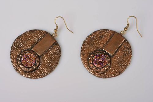 Handmade round bronze colored polymer clay earrings with stones styled on druse - MADEheart.com