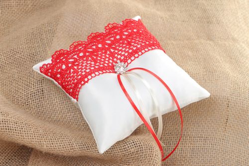 Handmade beautiful white satin ring bearer pillow with red lace and ribbons - MADEheart.com