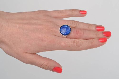 Unusual handmade glass round top ring on metal basis with Taurus zodiac sign - MADEheart.com