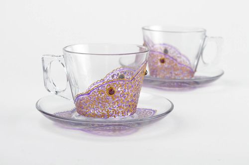 Clear glass two tea cups with square handle and purple and gold hand-painted pattern - MADEheart.com