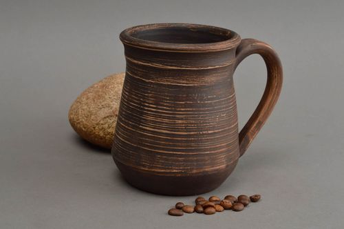 XXL 16 oz brown natural clay lead-free cup in rustic style with handle - MADEheart.com