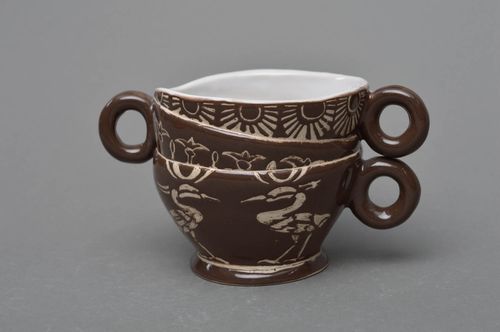 Art 5 oz ceramic cup in brown and beige color with birds pattern and three handles - MADEheart.com