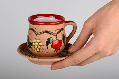 Ceramic clay coffee cup with handle and saucer in Georgian style 0,36 lb - MADEheart.com