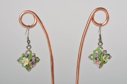 Nice womens handmade long polymer clay flower earrings unusual design - MADEheart.com