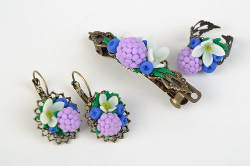 Schönes buntes Schmuckset aus Polymerton Ohrringe Ring und Haarspange Handarbeit - MADEheart.com