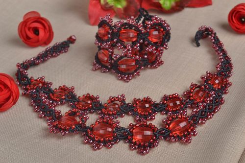 Schmuck Set Handmade Rocailles Armband Damen Kette Frauen Accessoire schwarz rot - MADEheart.com