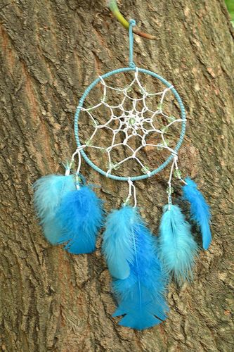 Ловець снів ручної роботи панно на стіну з синім пірям оригінальний подарунок - MADEheart.com