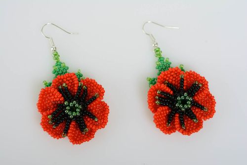 Handmade festive designer beaded dangling earrings with red poppy flowers - MADEheart.com
