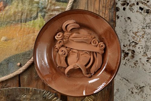 Handmade decorative wall plate made of clay small beautiful brown pottery - MADEheart.com