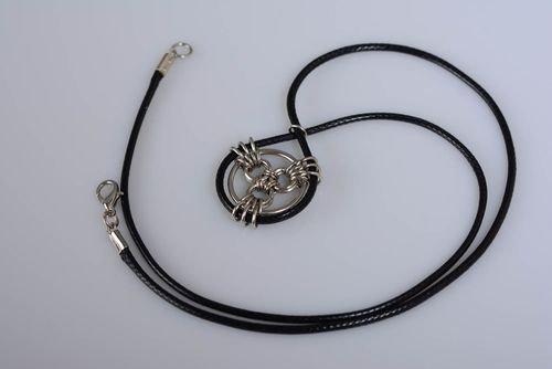 Unusual woven handmade designer black metal neck pendant on cord chainmail - MADEheart.com