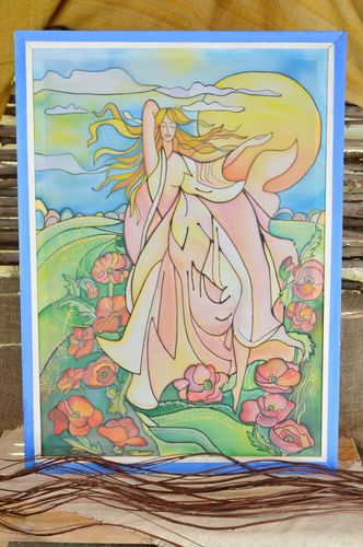 Unusual handmade cold batik painting on fabric wall hanging Girl and the Sun - MADEheart.com