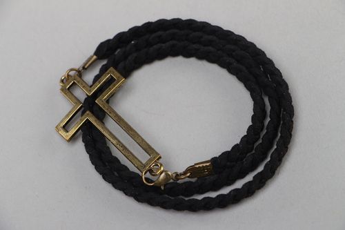 Handmade multi row wrist bracelet woven of black cord with metal cross unisex - MADEheart.com