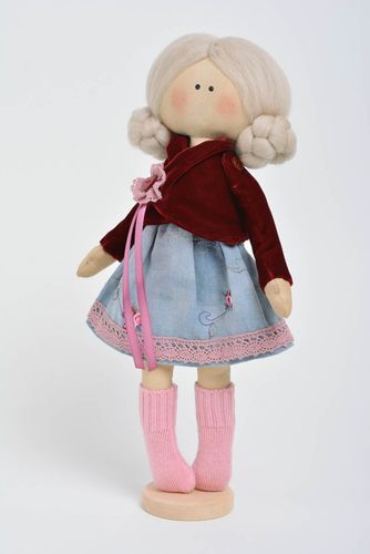 Handmade doll made of natural fabrics handmade toy on wooden stand home decor - MADEheart.com