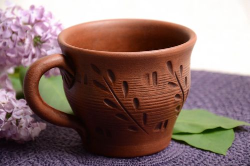 Глиняная чашка для чая ручной работы авторская красивая в технике молочения 400 мл - MADEheart.com