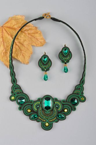 Handmade Schmuck Set Halskette Damen lange Ohrringe Soutache Schmuck grün - MADEheart.com