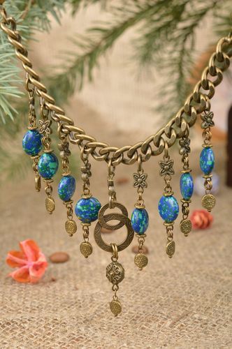 Handmade designer metal chain necklace with blue beads charms for women - MADEheart.com