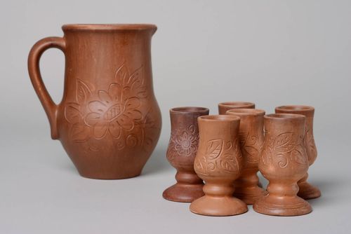 70 oz ceramic handmade terracotta wine pitcher with 6 wine goblets 3,8 lb - MADEheart.com