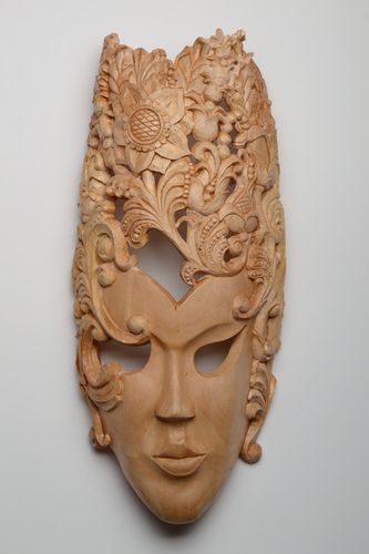 Handmade decorative wall hanging mask cut out of wood with rich art carving  - MADEheart.com