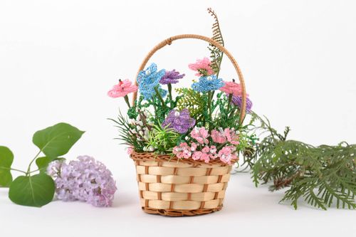 Handmade small decorative basket with pink blue and violet beaded flowers - MADEheart.com