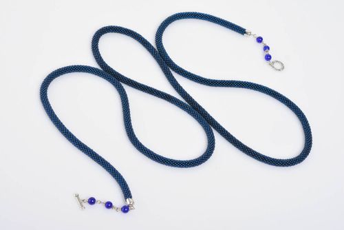Handmade long laconic designer dark blue bead woven cord necklace for women - MADEheart.com