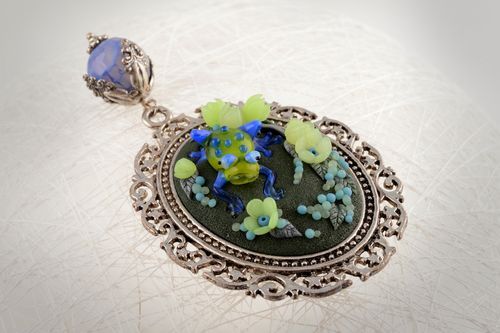 Vintage cute handmade brooch in retro style on basis of metal Green pond - MADEheart.com