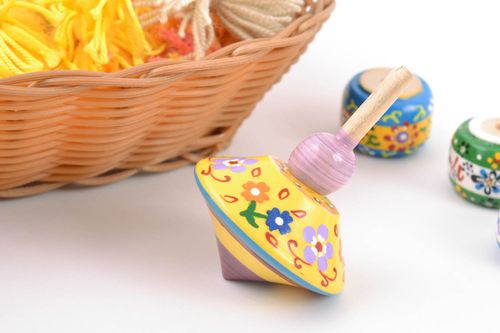 Unusual beautiful painted yellow wooden toy spinning top handmade - MADEheart.com