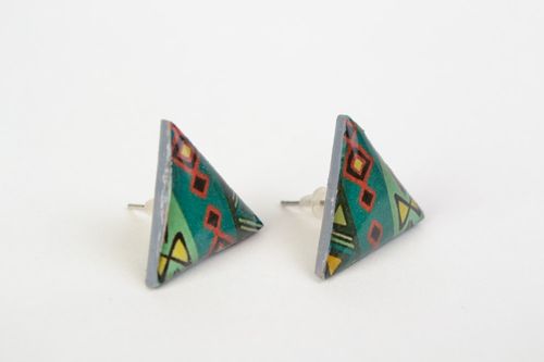 Handmade triangle stud earrings with ethnic print coated with jewelry glaze - MADEheart.com