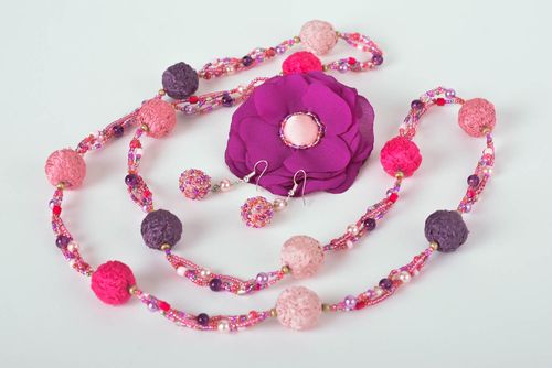 Handmade Schmuck Set Blumen Brosche Collier Halskette Damen Ohrringe violett  - MADEheart.com