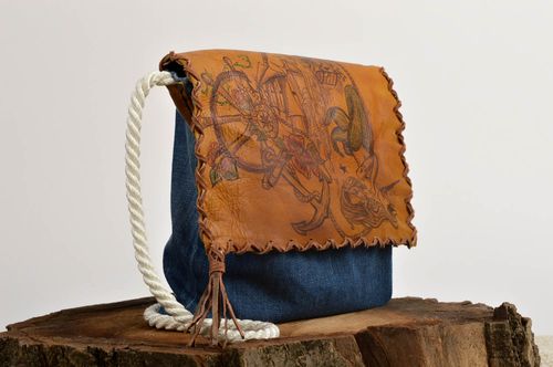 Сумка ручной работы сумка через плечо кожаная сумка с джинсовой тканью - MADEheart.com