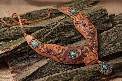 Light brown handmade leather necklace with natural stone turquoise  - MADEheart.com