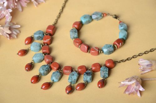 Handmade designer jewelry set unusual wrist bracelet natural stone necklace - MADEheart.com