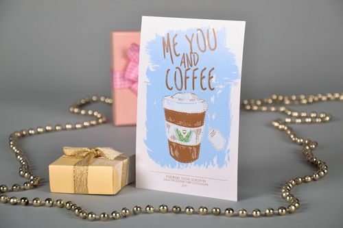 Homemade post card with authors drawing Me, You and Coffee  - MADEheart.com