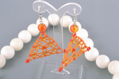 Triangle orange tatting lacy earrings - MADEheart.com