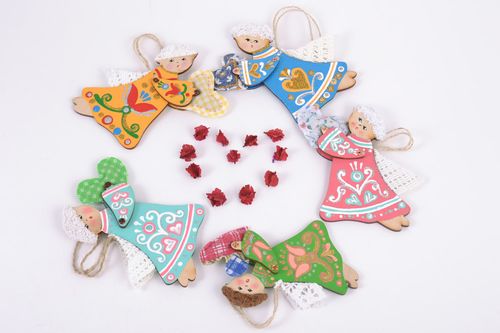 Set of 5 handmade decorative colorful painted wooden wall hangings Angels - MADEheart.com