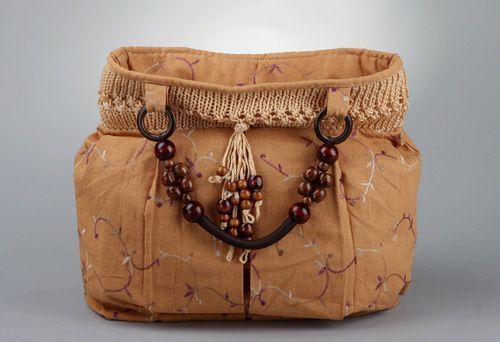 Сумка текстильная с вязанным верхом коричневая - MADEheart.com