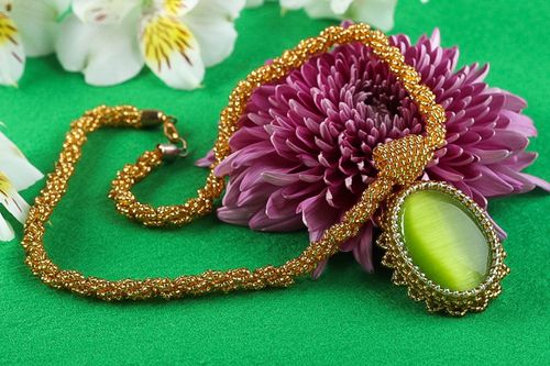 Stylish handmade beaded necklace gemstone pendant necklace bead weaving - MADEheart.com
