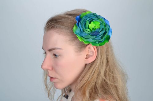 Blue and green handmade designer bright textile flower hair clip - MADEheart.com