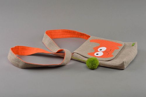 Gros sac à main gris-orange en lin avec bandoulière fait main pour fille - MADEheart.com