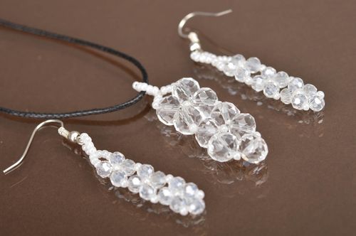 Set of handmade Czech crystal jewelry pendant and earrings stylish white  - MADEheart.com