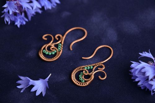 Small handmade wire wrap copper earrings with beads unusual womens jewelry - MADEheart.com