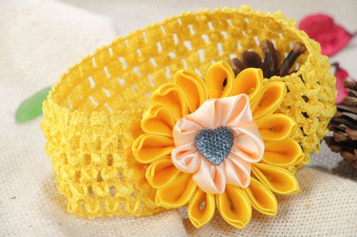 Handmade yellow headband with elastic lacy basis and satin ribbon flower - MADEheart.com