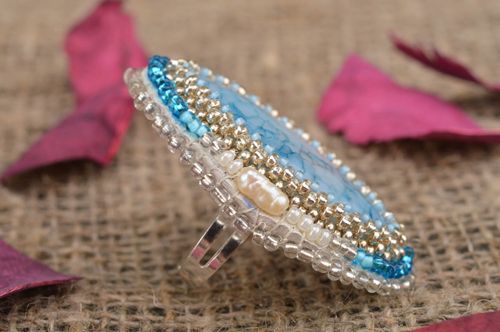 Handmade designer massive jewelry ring embroidered with beads with blue agate - MADEheart.com