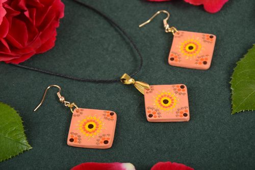 Handmade clay earrings ceramic pendant with painting present for girls - MADEheart.com