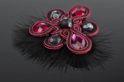 Handmade dark soutache brooch with feathers glass beads and leather basis - MADEheart.com